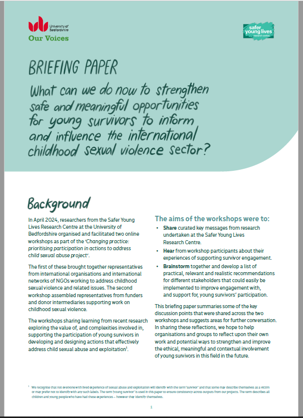 What can we do now to strengthen safe and meaningful opportunities for young survivors to inform and influence the international childhood sexual violence sector?